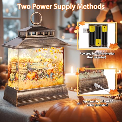Fall Snow Globe Lantern Thanksgiving Pumpkins Spinning Water Lantern with Swirling Glitter 6H Timer Remote Control Fall Decorations for Home Thanksgiving Autumn Harvest