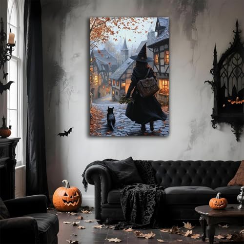 Autumn Witch And Black Cat Picture Wall Decor
