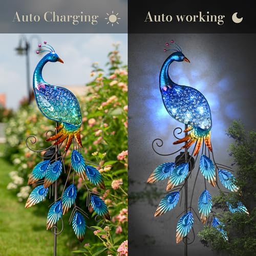 Garden Decor Blue Peacock with Solar Outdoor Lights