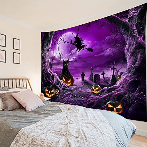 Halloween Wall Tapestry Horror Witch Cat and Dead Tree Pumpkin Lights with Spooky Graveyard Tapestry Purple Full Moon over Misty Forest Wall Art Decor for Bedroom Living Room Dorm 59x51 Inches