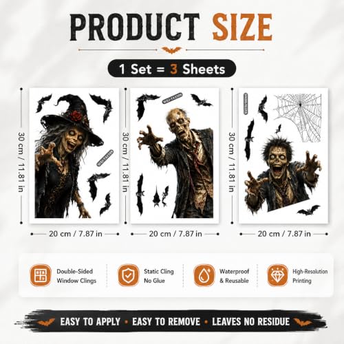 Halloween Window Clings PVC Witch Zombie Bat Window Decals Stickers Spooky Horror Glass Wall Decor Stickers for Halloween Party Supplies Home Glass Decorations
