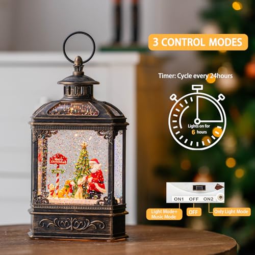 Christmas Snow Globe Lantern Water Glittering Santa Claus & Pups with Music & Timer