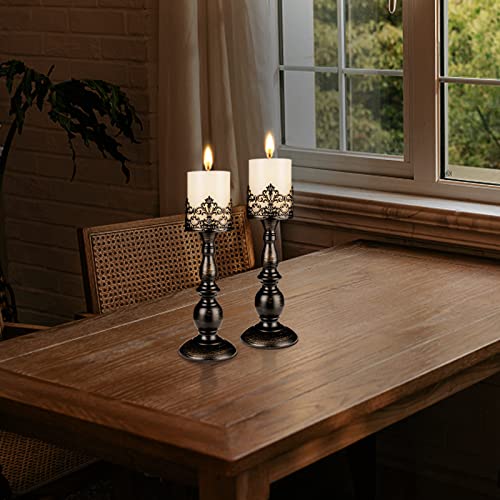 Candle Holders for Pillar Candles Gothic Distressed Black Vintage Tall Candle Holders Set of 2 Decorative Large Table Centerpieces Candle Stand Decor (2 Count)