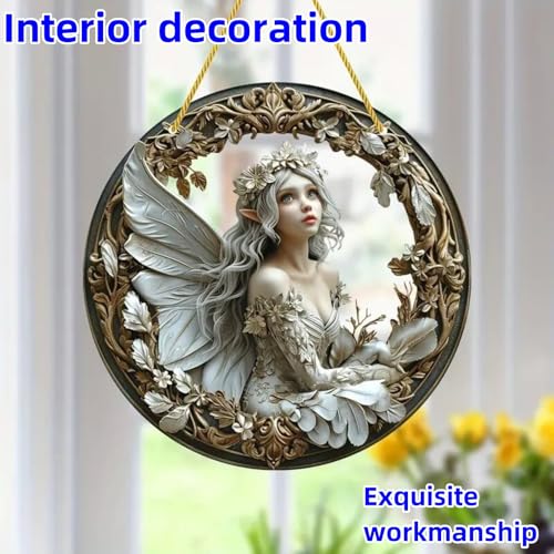 Flower Fairy Garden Decorations Angel Wing Christmas Halloween Deco Statue Art Elf Sculpture Hanging Craft for Outdoor Yard Courtyard Lawn Patio Window Acrylic Ornament Home Gift