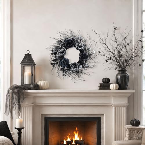 22 Inch Black and Silver Halloween Wreath with 40 Orange LEDs
