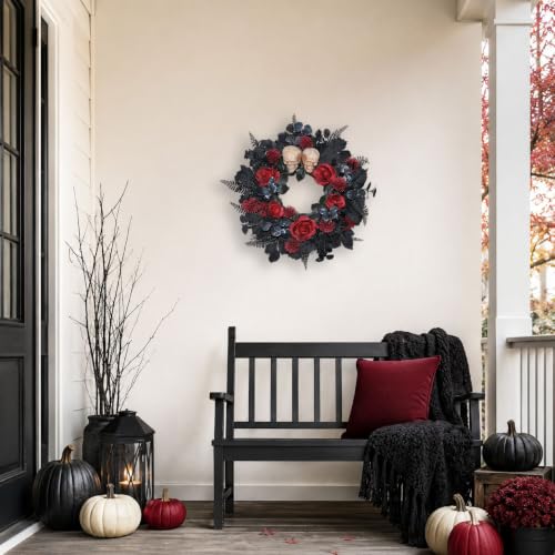 22 Inch Lighted Halloween Wreath with 40 Orange LEDs and 2 Skulls