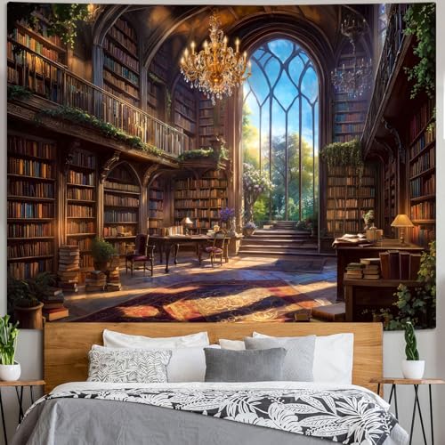 Vintage Library Tapestry Medieval Bookshelf Tapestries Wall Hanging Fantasy Academia Hall Book Backdrop Large Tapestry for Bedroom Living Room Dorm Classroom 80 x 60 inch