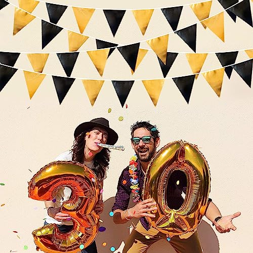 Black and Gold Party Decorations Triangle Pennant Banner Flag Metallic Fabric Bunting Garland for Birthday Graduation Anniversary Wedding Bachelorette Bridal Shower Engagement Hen Party Supplies (36 Count)