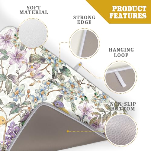 Spring Summer Dish Drying Mat for Kitchen Counter Cute Bird Purple Flower Super Absorbent Reversible Microfiber Kitchen Countertop Protector Dishes Pad Large 18x24 inch