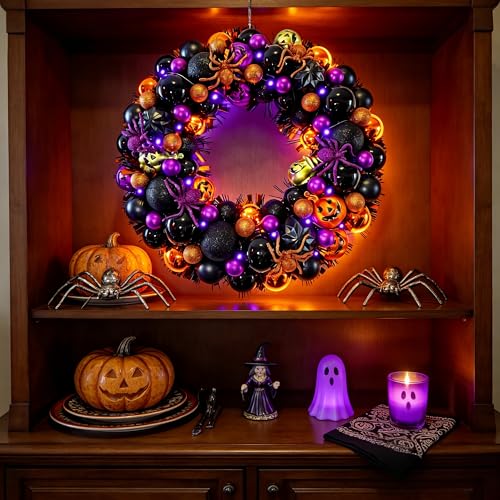 17 Inch Halloween Ball Wreath for Front Door with Lights