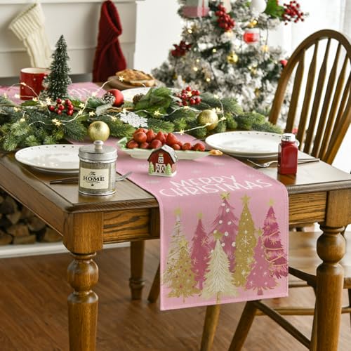 Pink Xmas Trees Table Runner Home Party Decor 13x60 Inch