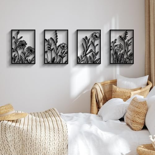 4 Pcs Black Abstract Flowers Metal Wall Art (4 Count)