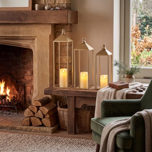 3 Pcs Large Gold Decorative Lanterns with Candles