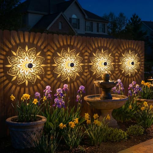 2 Pack Solar Fence Lights Metal Solar Powered Outdoor Wall Deck Step Lights Mandala Theme Waterproof Fence Light for Garden Post Patio Backyard Yard Decor (2 Count)