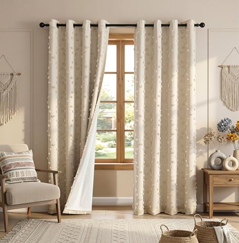 100% Blackout Curtains for Girls Bedroom 90 Inch Long Total Room Darkening Curtain for Living Room 2 Panels Grommet Light Blocking Sliding Door Drapes Beige Pom Pom Sheer 50" x 90" (2 Count)