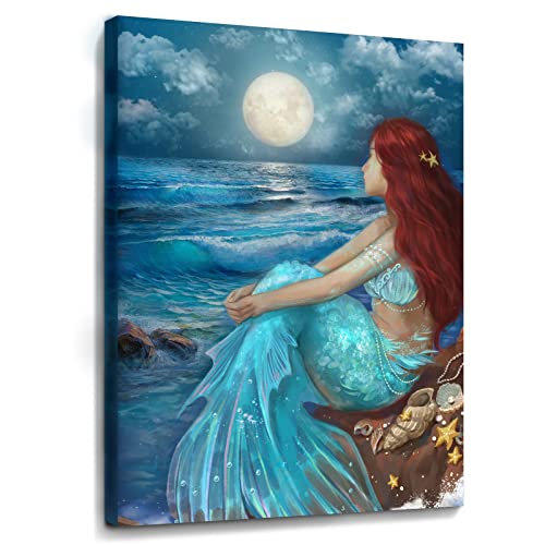 Aesthetic Wall Art for Living Room Bedroom Wall Decor Blue Canvas Prints Moon Night Artwork 24"x 36" Girls Room Decor