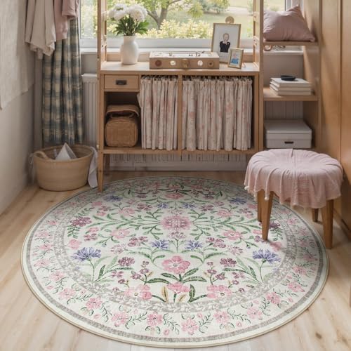 Floral Washable Round Rugs 6ft (28.27 Sq Ft)