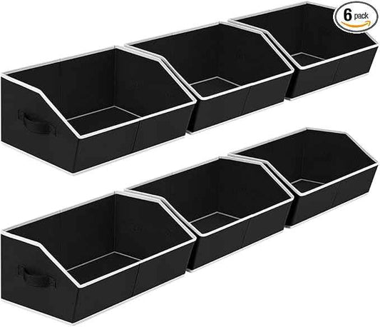 Cube Storage Bins - 6 Pack Trapezoid Storage Bins, Closet Organizers and Decorative Storage, Storage Baskets with Handle, Large Storage Basket for Home, Black