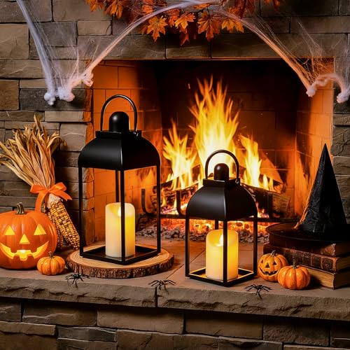 Lanterns Decorative Indoor 15" 11" Set of 2 Black Metal Lantern with Candle (2 Count)