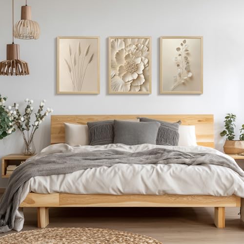 Wood Framed Neutral Beige Botanical Wall Art Set of 3 (3 Count)