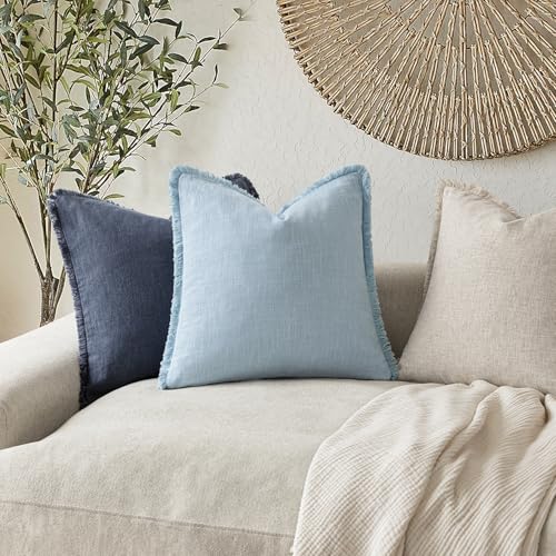 Decorative Linen Fringe Throw Pillow Covers 22×22 Light Blue (2 Count)