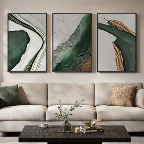 Large Framed Green White Abstract Wall Art for Living Room (3 Count)