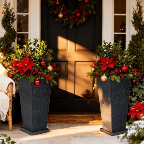 Autodaya 28" Plant Pots Tall Planters for Plants Outdoor Set of 2 with Tray (2 Count)