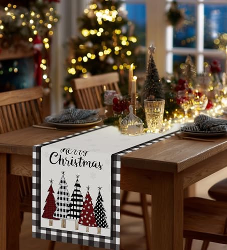 Christmas Table Runner Snowflakes Xmas Tree Decorations with Black Buffalo