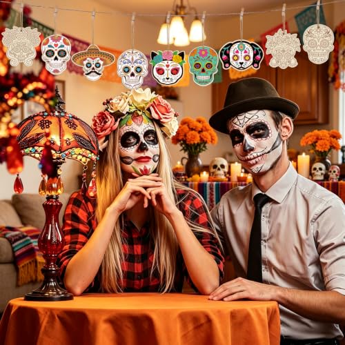 36PCS Wooden Day of The Dead Skull Ornaments to Paint Dia De Los Muertos Decorations Crafts for Kids