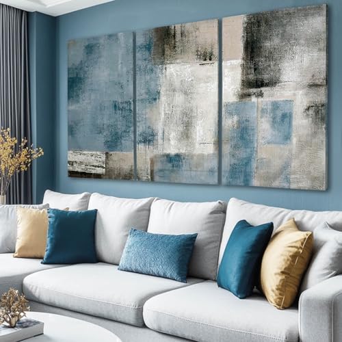 Large Blue Abstract Wall Art Set Of 3 Canvas 24x48 In (3 Count)