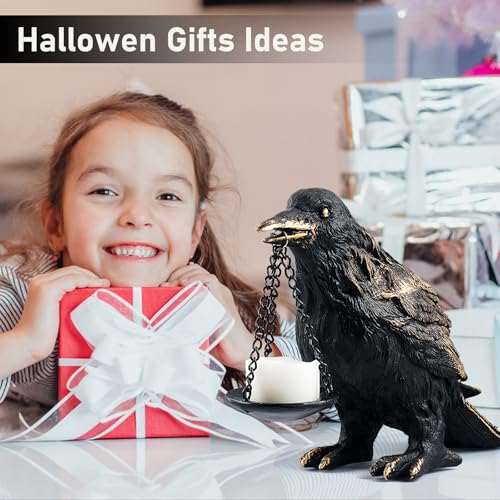 Gothic Crow Lamp with Tealight Candle Holder Resin Raven Decor Statue Gothic Home Decor for Bedroom Unique Goth Gifts Wearing Gold