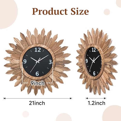 Large Wall Clock Battery Operated 21 in Rustic Wood Boho Sunburst Decorative Wall Clock Silent Non Ticking Farmhouse Wall Clocks for Living Room Bedroom Kitchen Bathroom Decor