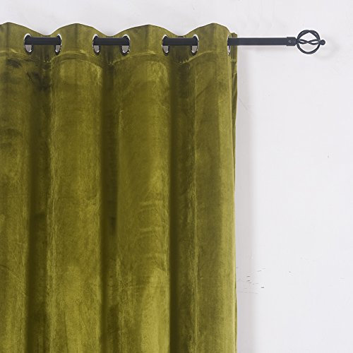 Super Soft Luxury Room Darkening Velvet Moss Green Thermal Blackout Curtain Panel Drapes Grommet Draperies Eyelet 52Wx84L inch Green Yellow