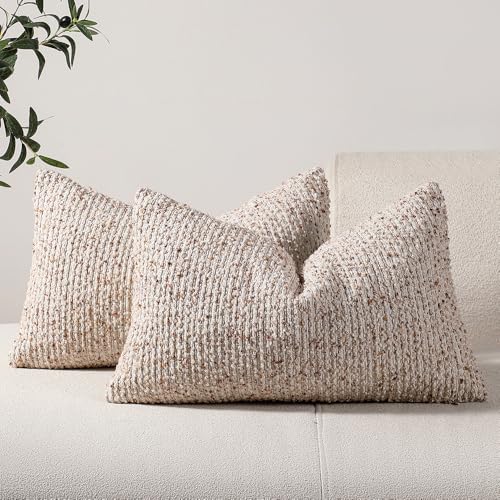 Striped Throw Pillow Covers 12x20 Set of 2 Beige Textured Boucle Chic Morden Boho Accent Farmhouse Rectangular Lumbar Decorative Couch Pillow Covers for Home Decor Bed Sofa Living Room (2 Count)