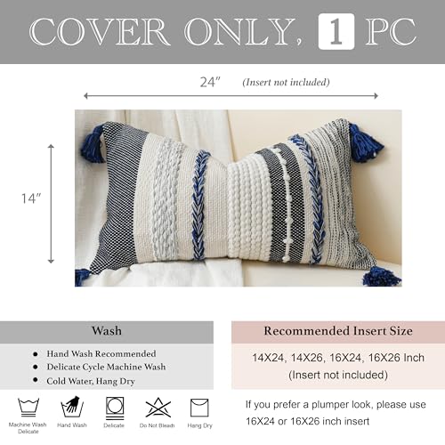 Decorative Lumbar Throw Pillow Cover 14x24 Boho Dark Blue Accent Cushion for Couch Sofa Farmhouse Pillowcase for Bedroom Living Room Home Décor Cover ONLY