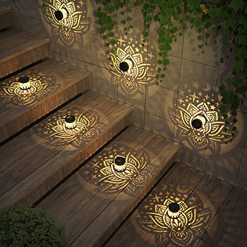 4 Pack Solar Fence Lights Metal Solar Powered Outdoor Wall Deck Lights Lotus Theme Waterproof Fence Light for Garden Post Patio Backyard Yard Decor (4 Count)