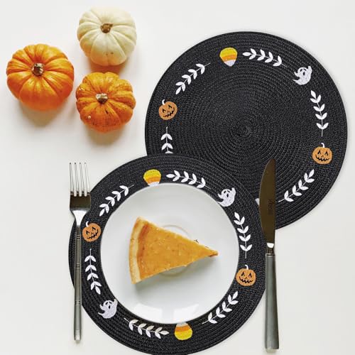 4 Pcs Round Halloween Placemats Embroidered Ghost Pumpkin Candy Corn Place Mats Black Spooky Dinner Table Mats for Halloween Holiday Trick or Treat Party Table Decor (4 Count)