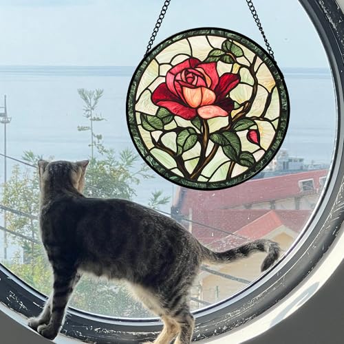 Stained Glass Window Hanging Red Rose Suncatcher Gifts for Women 9.8"
