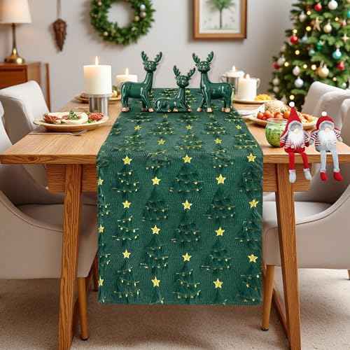 Christmas Table Runner Christmas Trees Green Soft Plush Faux Fur 13x72 Inch