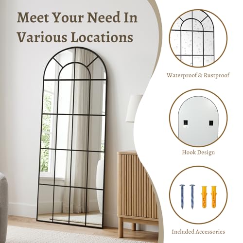 Arched Windowpane Mirror Full Length 65"x24" Wall Mounted Black Art Pane Farmhouse Decorative Floor Mirror Leaning Hanging Wall Mirror for Bedroom Living Room Entrance