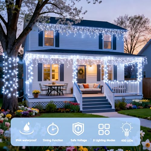38.8ft 400 LED White Icicle Lights for Outside (38.8 Foot)