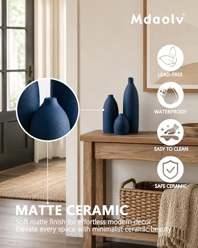 Matte Blue Vase Set Navy Blue Decor Coastal Decor Vases for Kitchen Island Living Room Office Table Fireplace Mantle Decorations & Bathroom Shelf Decor Centerpiece Table Decorations Ceramic (3 Count)