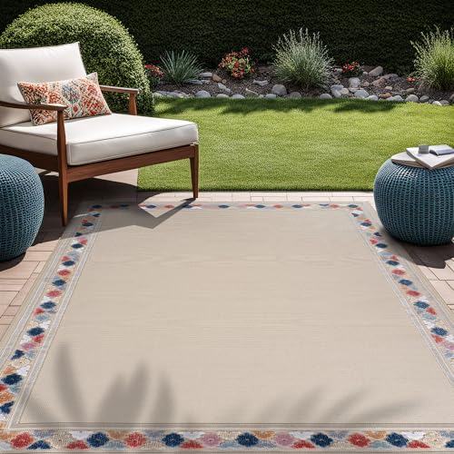 Outdoor Rug 10x14 Modern Bordered Large Area Rugs for Indoor and Outdoor Patio Easy to Clean Non Shedding Living Room Porch Garden Washable Outside Carpet
