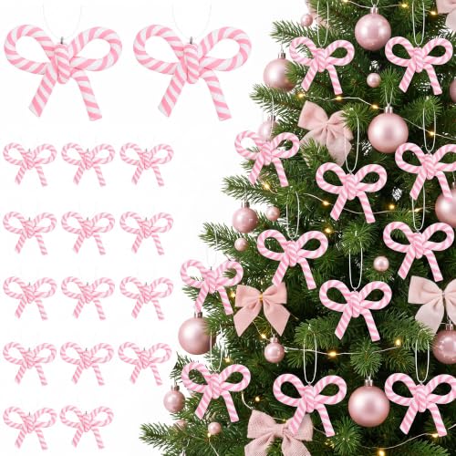 16 Pcs Pink White Bow Candy Cane Hanging Ornaments Christmas Tree Decor (16 Count)