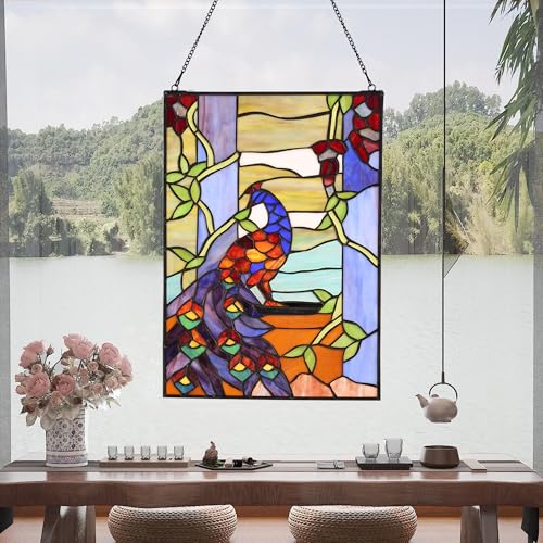 Stained Glass Window Hanging 16" H x 11" W Tiffany Style Rectangular Window Panel Suitable for Living Room Bedroom Kitchen Window Decoration Hangings with Chain