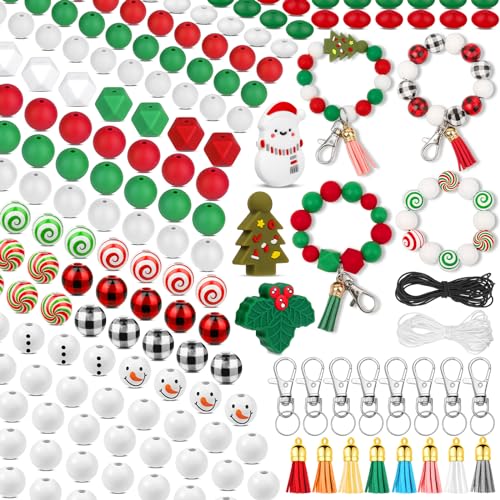 217 PCS Christmas Silicone Beads Bulk 15mm Silicone Beads Xmas Christmas Wooden Beads C y Cane Wood Beads Loose Rubber Beads Abacus Focal Beads Keychain Necklace Making Pens Crafts Ornament