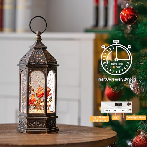 Christmas Snow Globe Lantern Water Glittering 10.5'' Cardinal with Music& Timer
