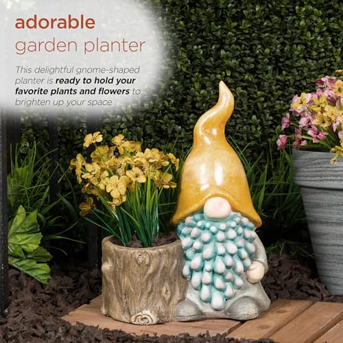 16" Tall Outdoor Yellow Hat Gnome Statue with Drainage Hole Planter