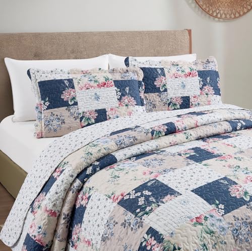 Pink Rose & Blue Toile Patchwork Quilt Set