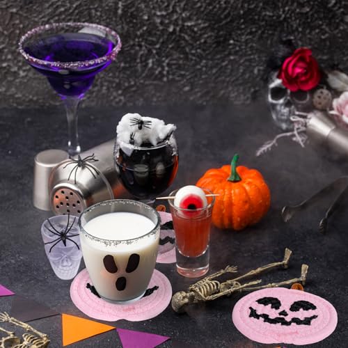 Halloween Pumpkin Cotton Coasters Pink Pumpkin Face Handmade Braided Drink Coasters Absorbent Cup Mats for Trick or Treat Party Home Table Decor (4 Count)